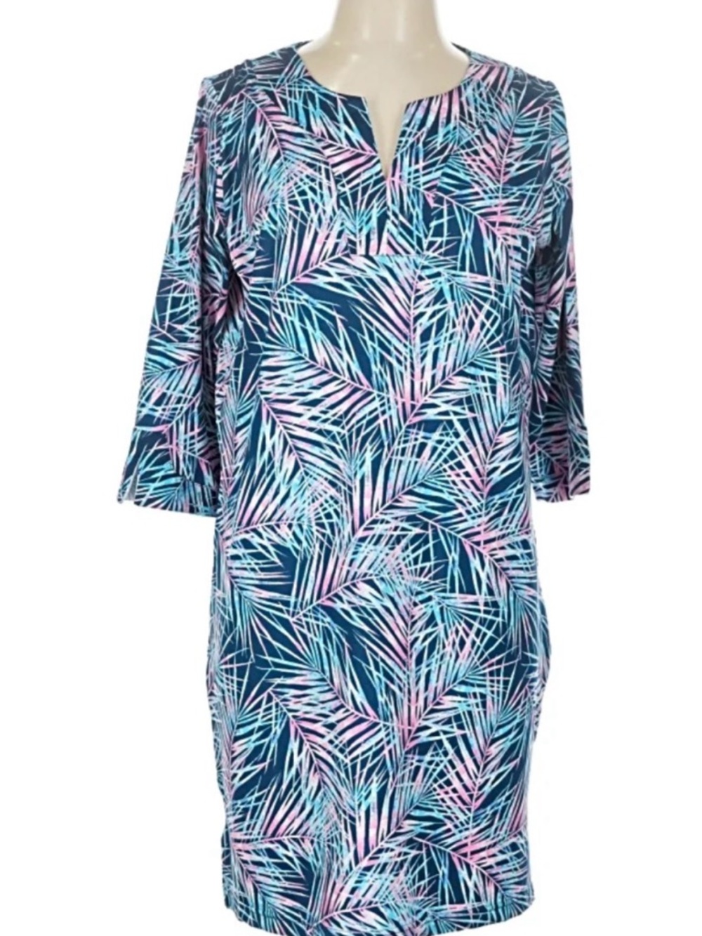 Caribbean Joe Navy Palm-Print‎ Midi Dress with Pink & Aqua Accents